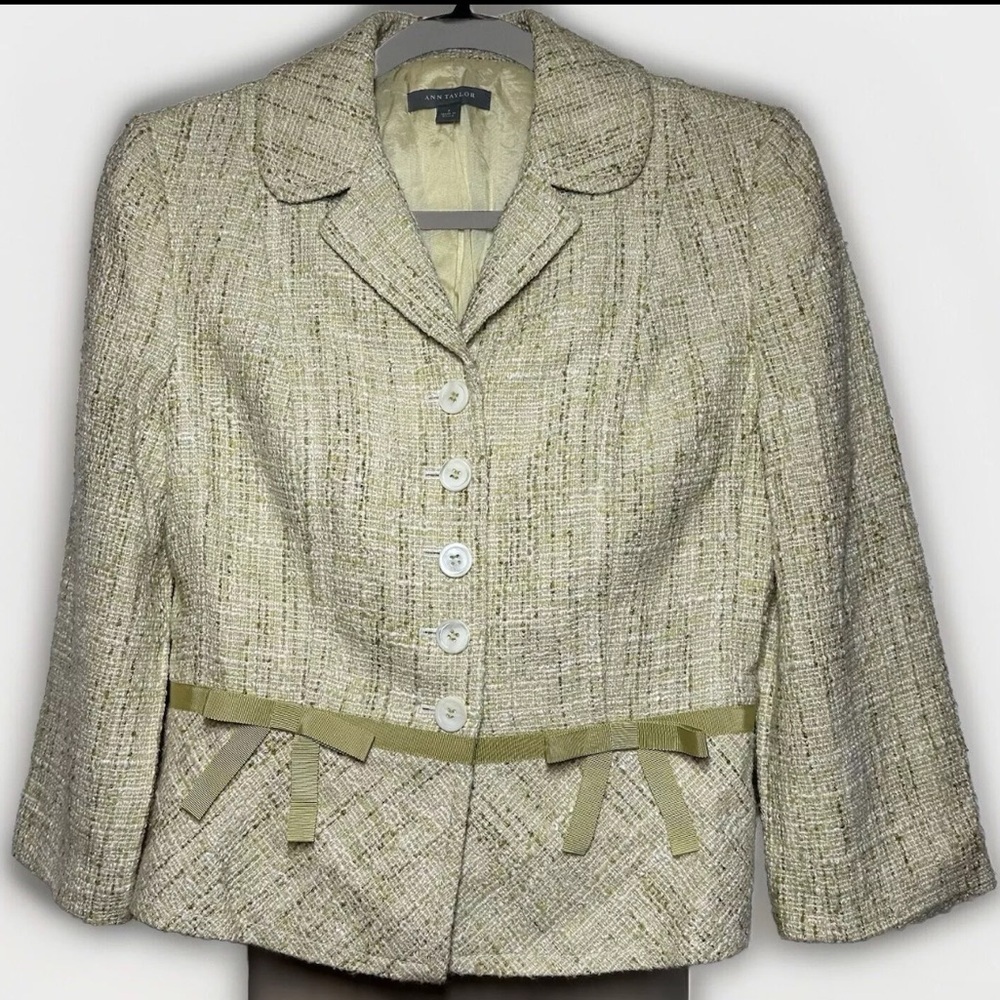 Ann Taylor Women's Size 4 Green Tweed Linen Blend Blazer Career Coquette Barbie - Picture 2 of 13